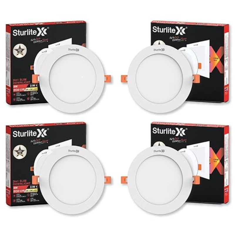 Sturlite Eco LYF 8W (3 in1) Round LED Downlight| Warm, Neutral & Cool White Color Temperature| 640 Lumens with CRI Tech for Various Ceiling Types and Rooms - (Pack of 4)