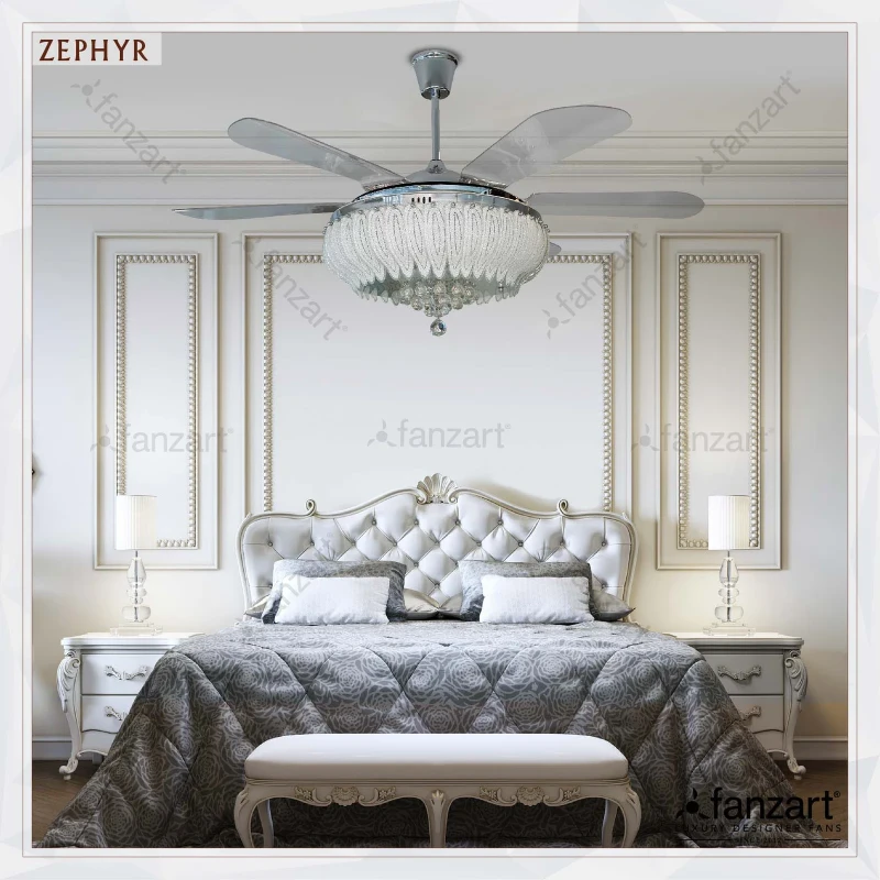 Fanzart Zephyr – 56″ Crystal Fandelier ® with 6 x ABS transaparent blades, LED lights and Remote Control