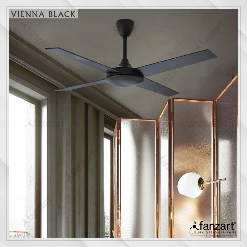 Fanzart Vienna Black – 52″ Modern fan with 4x Customisable Matte Black Special treated Plywood, Summer-Winter feature and optional Remote Control Integration