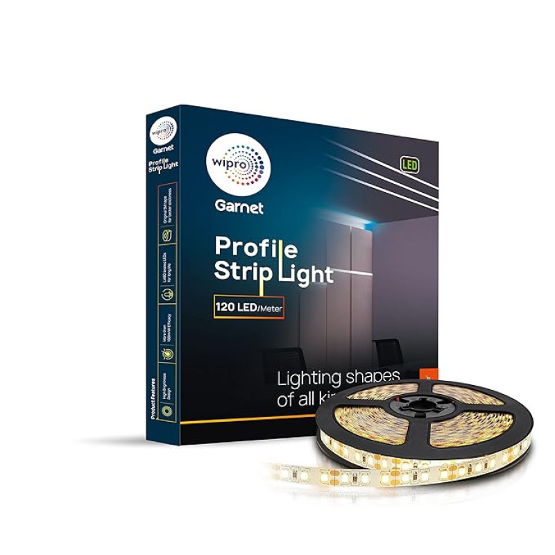 wipro Garnet 50W Led Profile Strip for Home Decoration|Warm White,2700K|120 LEDs/Mtr|5 Mtr Led Profile Strip Light for Ceiling,Wall Decoration|Pack of 1(Driver Required Separately),5 Meters