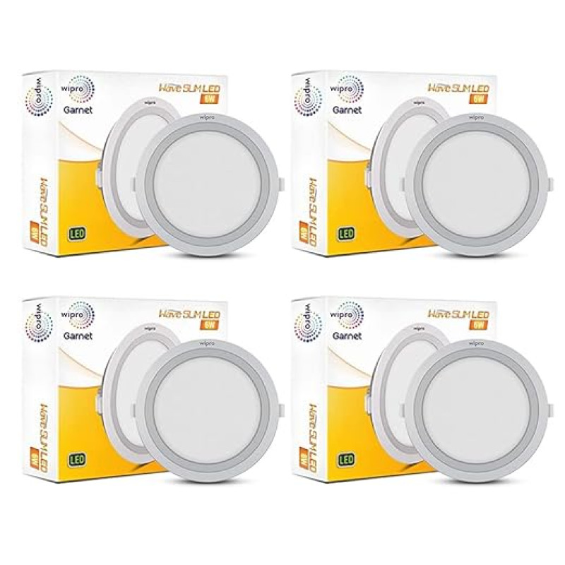 Wipro Polycarbonate Garnet 6W Round Led Wave Panel Light for Ceiling|Cool White Light (6000K)|Ultra-Slim Design|Recessed Down Light for False Ceiling|Pop Ceiling Light|Cutout-100Mm|Pack of 4