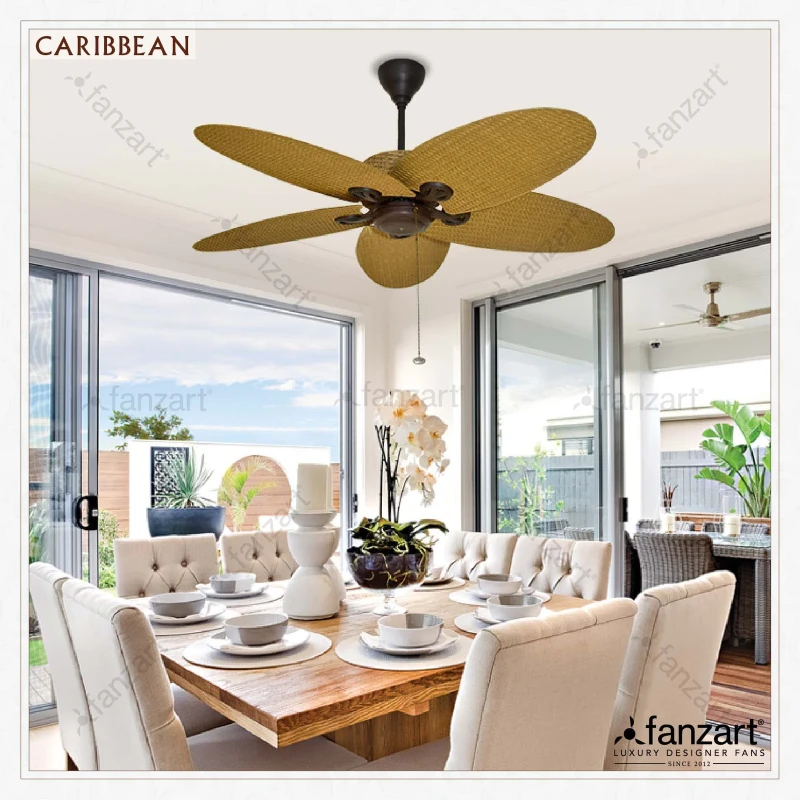 Fanzart Caribbean – 52 ” Tropical fan with 5 x Rattan finish blades, Pull-Chain and Summer-Winter feature and optional Remote
