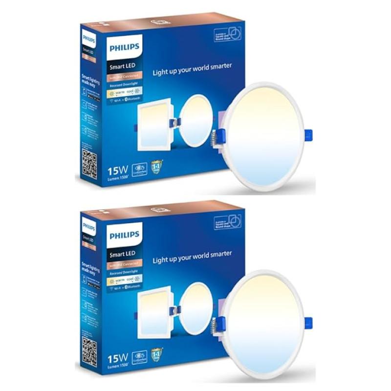 PHILIPS 15W Round Wi-Fi Smart LED Ceiling Light for Home with Music Sync Function | Amazon Alexa & Google Assistant Compatible | Cut Out: 6 inch | Tunable White, Pack of 2 (Wiz Prime Neo)