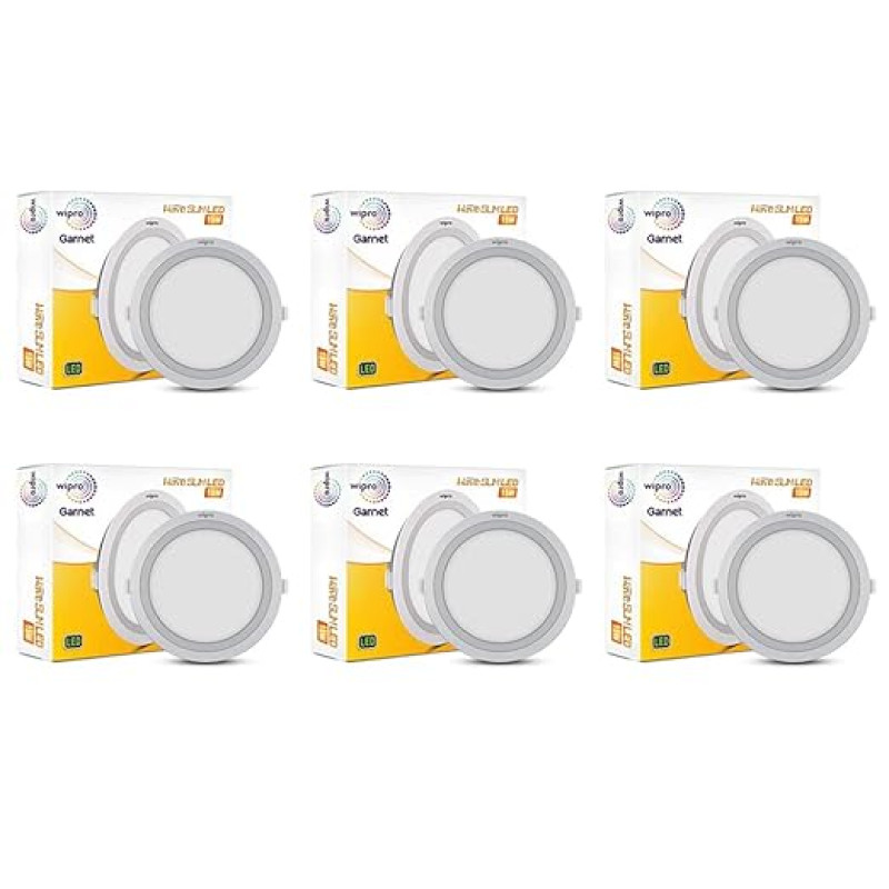 Wipro Polycarbonate Garnet 15W Round Led Wave Panel Light for Ceiling|Cool White Light (6000K)|Ultra-Slim Design|Recessed Down Light for False Ceiling|Pop Ceiling Light|Cutout-150Mm|Pack of 6