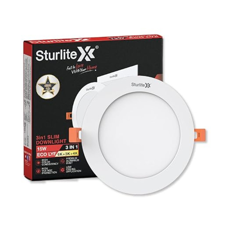 Sturlite Eco LYF 15W (3 in1) Round LED Downlight| Warm, Neutral & Cool White Color Temperature| 1200 Lumens with CRI Tech for Various Ceiling Types and Rooms (Round, Pack of 1)
