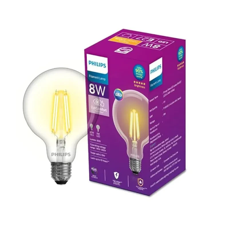 PHILIPS 8-watt G95 Filament LED Glass Globe Bulb | Bulb Base: E27, 600 Lumen Decorative Glass Light Bulb for Home Decoration | Warm White, Pack of 1