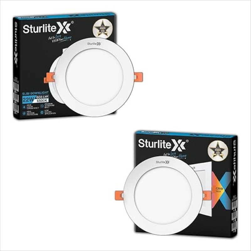 Sturlite Eco LYF 22W Round LED Downlight| 6500K Cool White Color Temperature| 1760 Lumens with CRI Tech for Various Ceiling Types and Rooms - (Pack of 2)