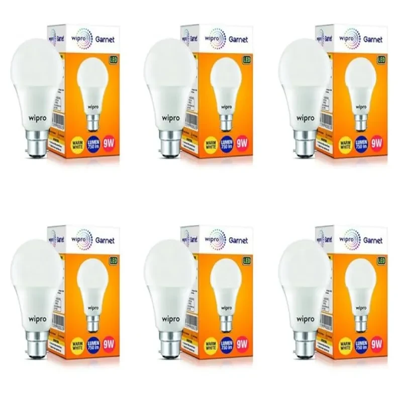 wipro Garnet 9W LED Bulb for Home & Office |Warm White (2700K) | B22 Base|220 degree Light coverage |4Kv Surge Protection |400V High Voltage Protection |Energy Efficient | Pack of 6