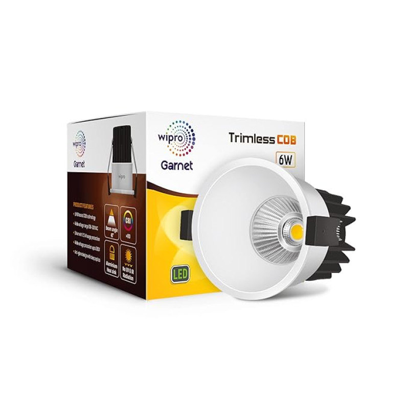 Wipro Garnet 6W Trimless COB Spotlight for Ceiling|Cool Day White Light (6500K) |High voltage Protection upto 380V| Surge Protection upto 2.5KV | Sharp Light Cone effect | Cutout - 45 mm | Pack of 1