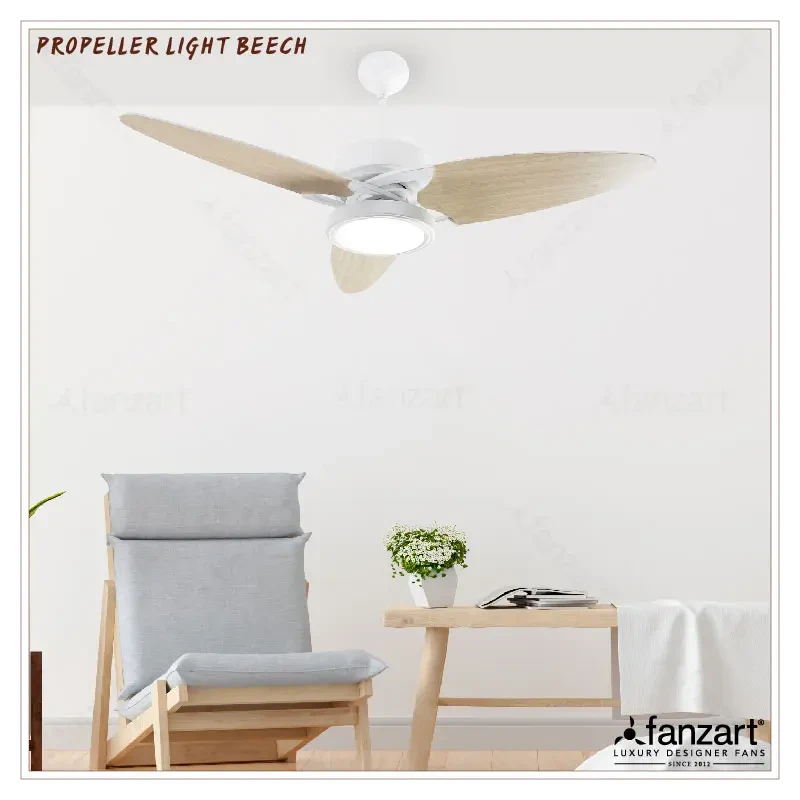 Fanzart Propeller Light Beech/Matte White- 52″ Contemporary fan with 3 x Special Treated Reversible Plywood Blades, Multi-Coloured LED and Remote Control