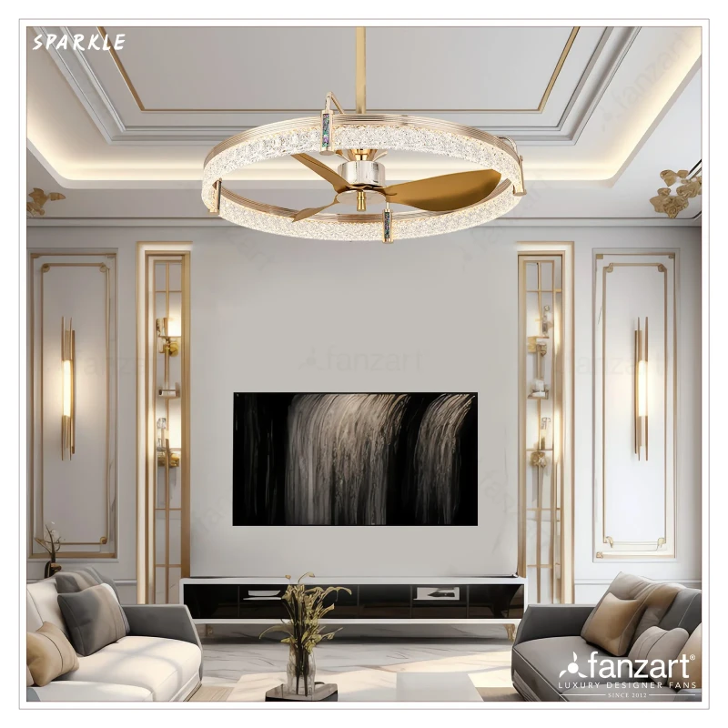 Fanzart Sparkle- 28″ Fandelier ® fan with 3x Aluminium Blades in Champagne Gold finish, Whisper-Quiet BLDC Motor, Multi-colour LED,Remote Control
