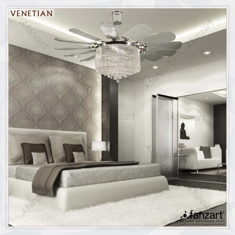 Fanzart Venetian Chrome – 52″ Crystal Fandelier ® with 14 x ABS transparent collapsable blades, BLDC motor, LED lights, Summer-Winter feature and Remote Control
