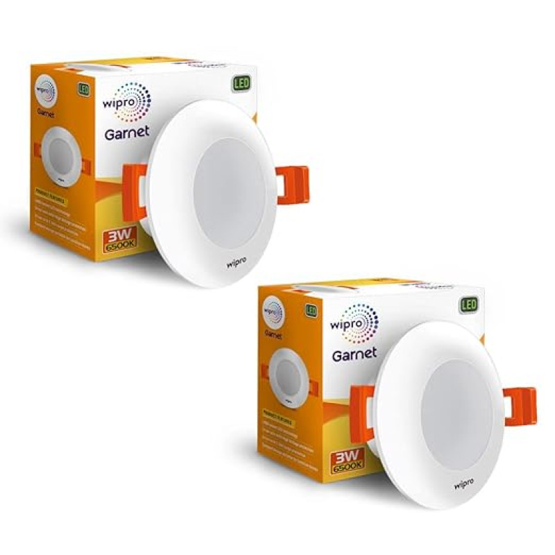 Wipro Polycarbonate Garnet 3W Led Mini Downlight|Cool White (6500K)|Compact Design with 120° Beam Angle|Recessed Down Light for False Ceiling|Cutout-2.3 Inch|Pack of 2