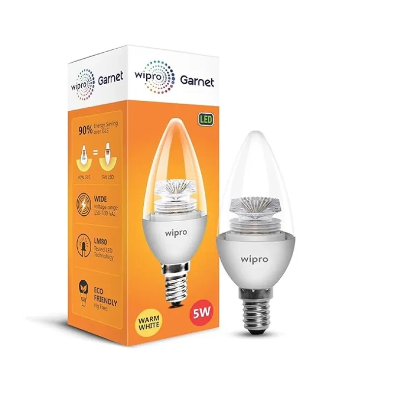 Wipro Garnet 5 W E14 Base Clear Candle LED Culb | Warm White (2700K) | Pack of 1 | Clear optics for sparkling effect | LED Filament Bulb for Home, office, chandellior, decorative lamp shade
