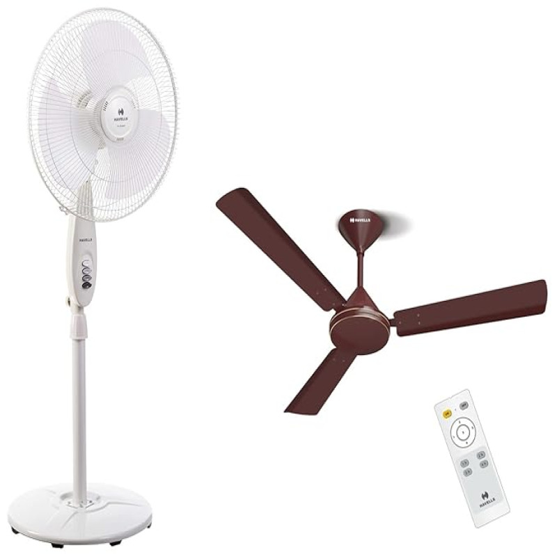 Havells 1200 mm Efficiencia Prime High Speed, BLDC Motor, Energy Efficient with Remote Control Ceiling Fan (Brown) Sprint Hs 110 W 3 Blade Pedestal Fan Fhssphswht16