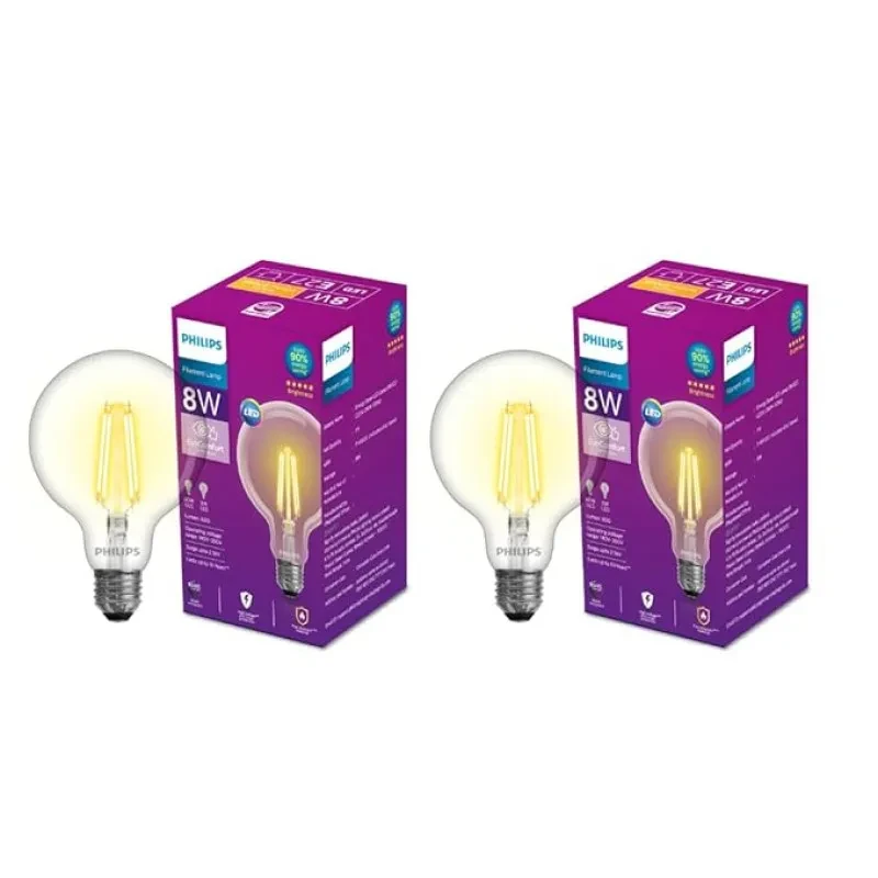 PHILIPS 8-watt G95 Filament LED Glass Globe Bulb | Bulb Base: E27, 600 Lumen Decorative Glass Light Bulb for Home Decoration | Warm White, Pack of 2