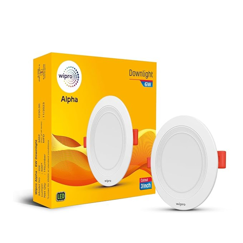 wipro Acrylonitrile Butadiene Styrene 6W Alpha Downlight for Junction Box|Neutral White (4000K)|3 Inch Cutout,22Mm Height|Surge Protection Upto 350 Va|High Voltage Protection Upto 4Kv|Pack of 1
