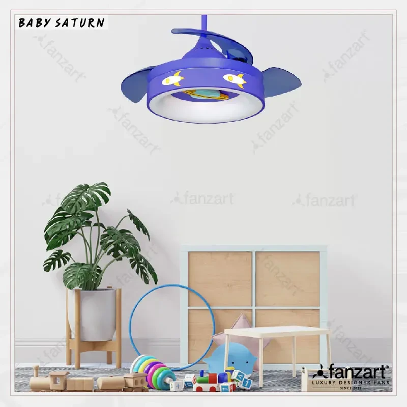 Fanzart Baby Saturn Blue – 36″ Modern fan with 3 x Matte Blue ABS transparent retractable blades, Multi Coloured LED and Remote Control
