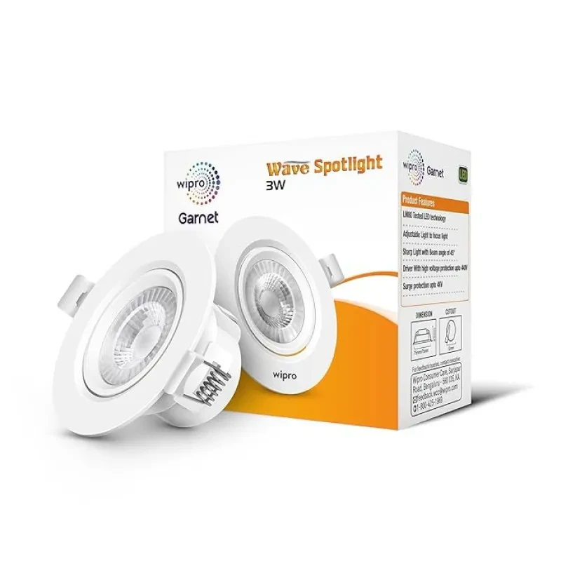 wipro Polycarbonate Garnet 3W Round Led Wave Spotlight Cob Spotlight for Ceiling Warm White Light(2700K) Adjustable Design Recessed Tiltable Downlighter for False Ceiling Cutout-60 Mm Pack of 1