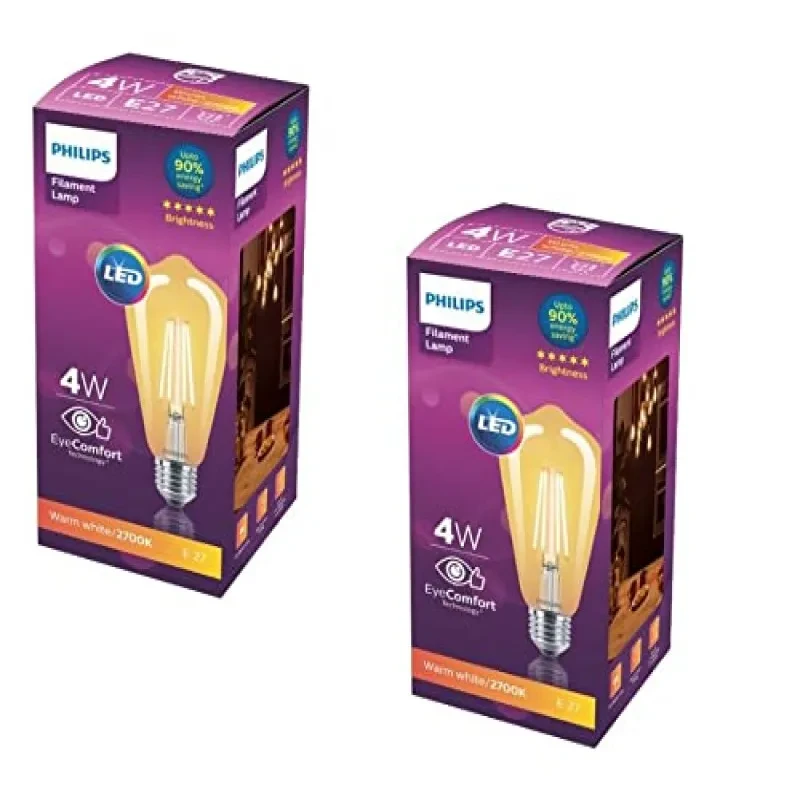 PHILIPS 4-watt E27 ST64 LED Glass Amber Filament Bulb | Decorative LED Bulb for Home Decoration | Warm White - Golden Yellow, Pack of 2