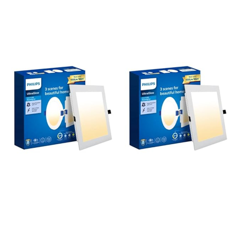 Philips Ultra Glow 15-watt Square LED Downlighter | 3 Colors in 1 Recessed LED Downlight | LED Ceiling Light for Home and Hall | Cut Out: 6 inch, Color: Tunable White, Pack of 2