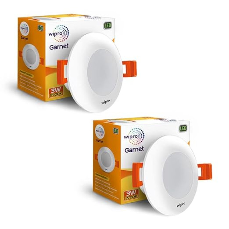 Wipro Polycarbonate Garnet 3W Led Mini Downlight|Warm White (2700K)|Compact Design with 120° Beam Angle|Recessed Down Light for False Ceiling|Cutout-2.3 Inch|Pack of 2