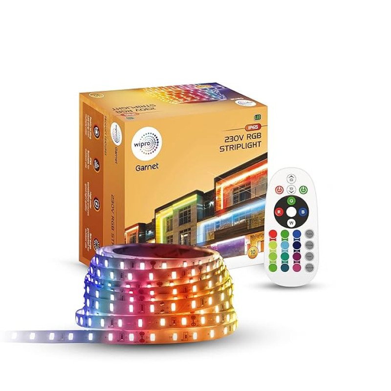 wipro RGB Led Strip Light|60 LEDs/Mtr|24 Keys Ir Remote Controlled RGB Color Changing Light|Ip65-Waterproof|Plug&Play Rope Light for Outdoor&Indoor Decoration|Pack of 1,Multicolor,20 Meters