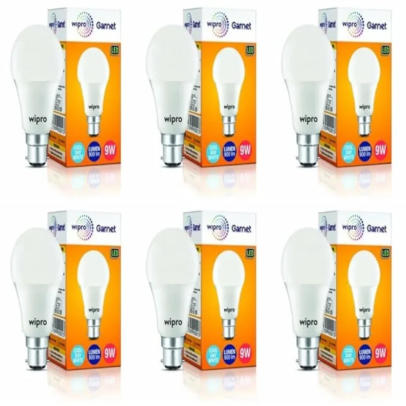 Wipro Garnet 9W LED Bulb for Home & Office |Cool Day White (6500K) | B22 Base|220 degree Light coverage |4Kv Surge Protection |400V High Voltage Protection |Energy Efficient | Pack of 6