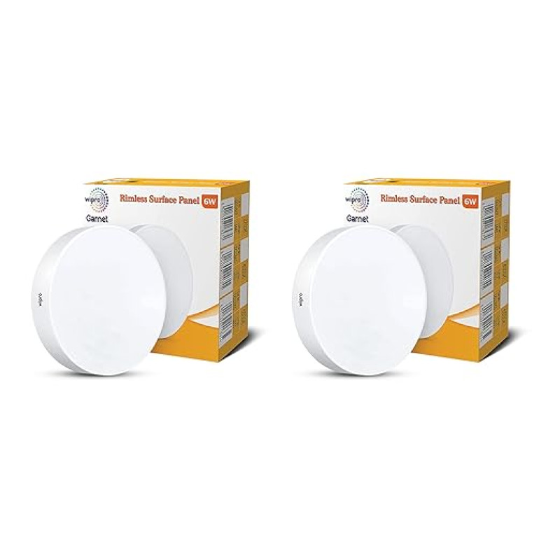 Wipro Polycarbonate Garnet 6W Rimless Round Led Surface Panel Neutral White Light (4000K) Elegant Rimless Design for Wider Spread of Light Surface Mounted Led Down Light for Ceiling Pack of 2