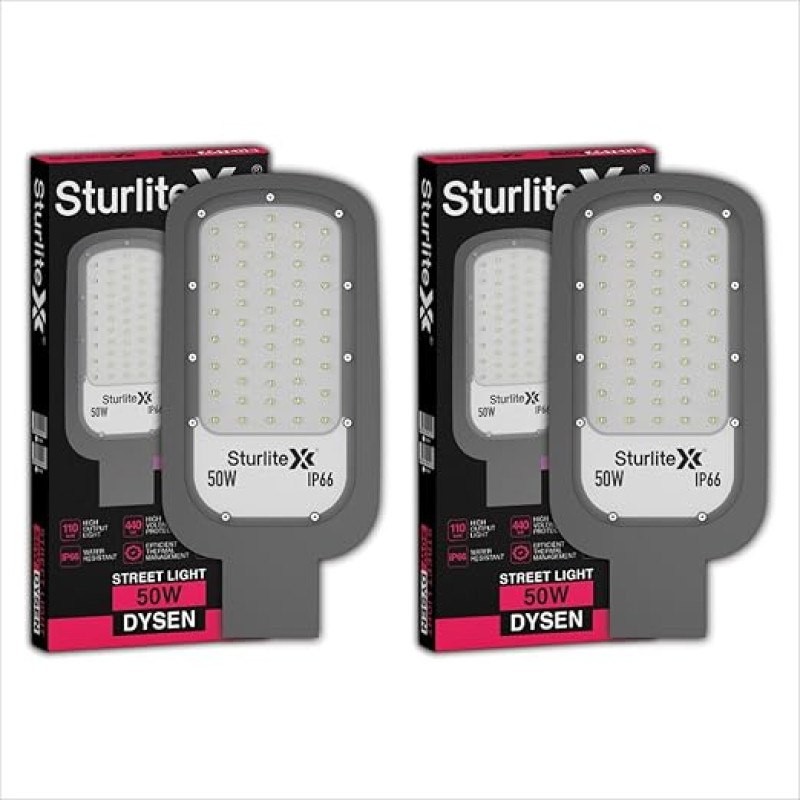 Sturlite Dysen 50W LED Street Light| Cool White 6500K Color Temperature LED Street Lamp| IP66 Waterproof Surge Protection Focus Light for Garage, Parking, Garden, Playground & Sidewalks - (Pack of 2)