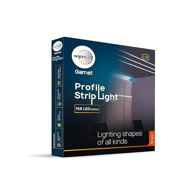 wipro Plastic Garnet 70W Led Profile Strip for Home Decoration|Warm White, 2700K|168 LEDs/Mtr|5 Meter Led Profile Strip Light for Ceiling, Wall Decoration |Pack of 1 (Driver Required Separately)