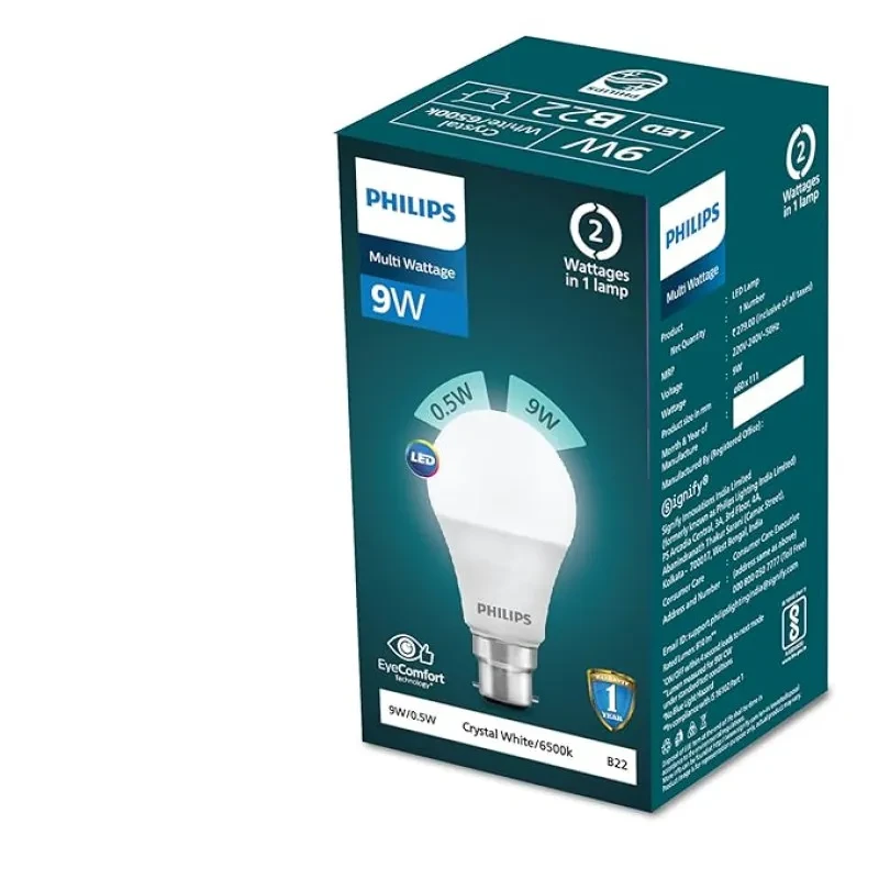 PHILIPS Multi - Wattage LED Bulb | 2 Wattages (9w, 0.5w) In 1 LED Bulb | Colour : Crystal White, Pack Of 1