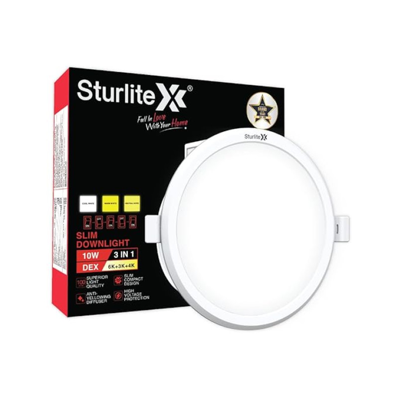Sturlite Dex 10W (3 in1) Round LED Downlight|Warm, Neutral & Cool White Color Temperature|1000 Lumens with CRI Tech for Various Ceiling Types and Rooms - (Pack of 1)