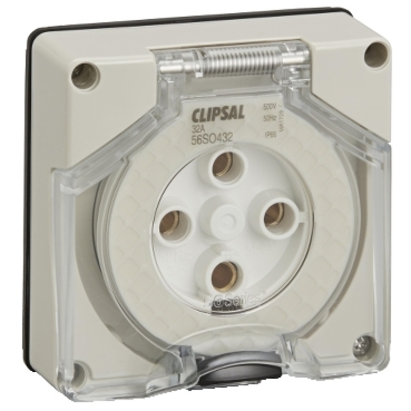 Schneider 56 Series IP 66 - 32A - 500 V - 4 Pin Round Less Enclosure Socket Outlet Surface - (56SO432LE-GY)