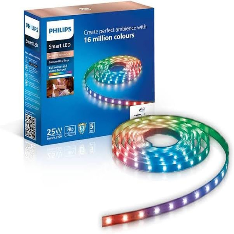 PHILIPS 5 meter Wi-Fi Smart LED Strip Light with Music Sync, Voice Control & Dimmable feature | Color changing RGB strip light for ceiling coves, tv and gaming monitors back lighting | Pack of 1 (Wiz)