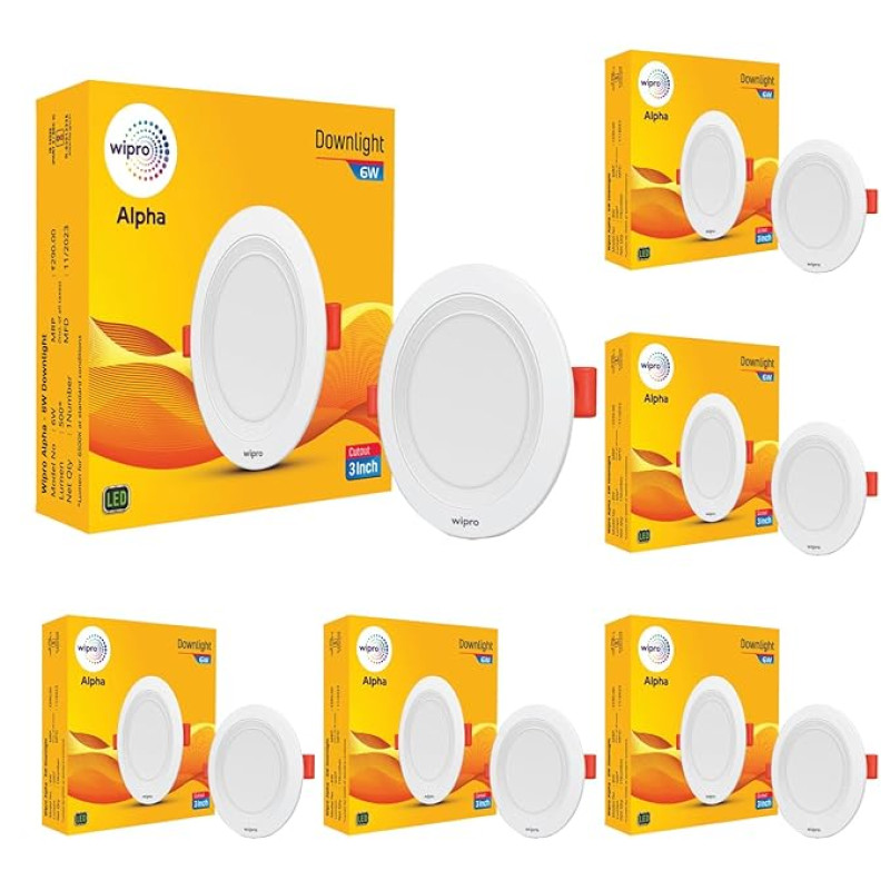 wipro 6W Alpha Downlight for Junction Box | Blue |3 inch Cutout, 22mm Height | Surge Protection Upto 350 VA | High Voltage Protection Upto 4KV | Pack of 6