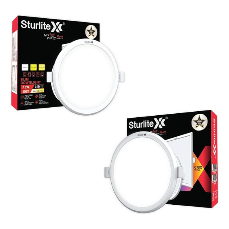 Sturlite Dex 10W (3 in1) Round LED Downlight|Warm, Neutral & Cool White Color Temperature|1000 Lumens with CRI Tech for Various Ceiling Types and Rooms - (Pack of 2)