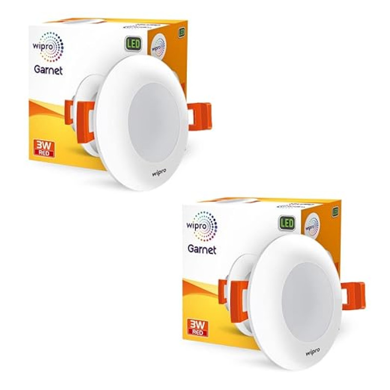 Wipro Polycarbonate Garnet 3W Led Mini Downlight|Red|Compact Design with 120° Beam Angle|Recessed Down Light for False Ceiling|Cutout-2.3 Inch|Pack of 2