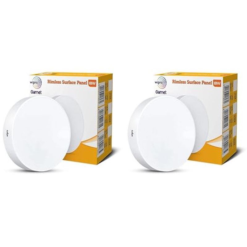 Wipro Garnet 18W Rimless Round LED Surface Panel | Cool White Light (6500K) | Elegant Rimless Design for Wider Spread of Light | Surface Mounted LED Down Light for Ceiling | Pack of 2