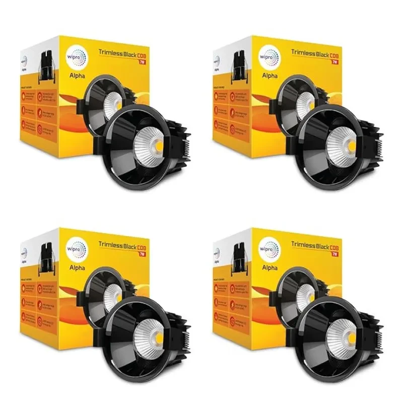 Wipro 7 Watt Alpha Trimless Black COB | Warm White (2700K) | Aluminium PDC Heat Sink | Sharp Beam Angle with Reflector for Home, Office and Store Cabinet Display | Pack of 4