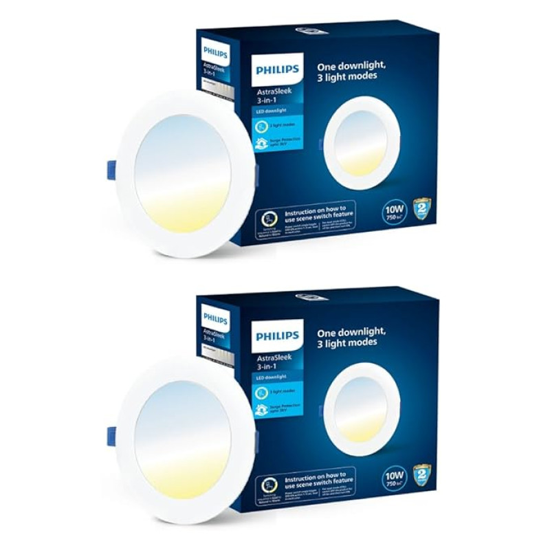 PHILIPS Astra Sleek 10-watt Round LED Downlighter | 3 Colors in 1 Recessed LED Downlight | LED Ceiling Light for Home and Hall | Cut Out: 4.3 inch, Color: Tunable White, Pack of 2