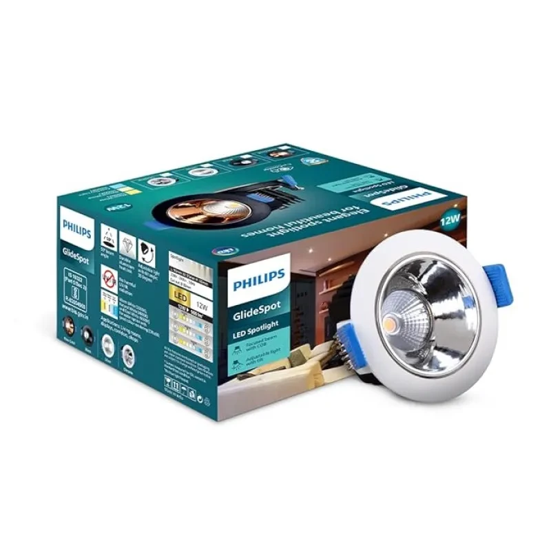 PHILIPS 12 Watt Chrome Reflector LED Ceiling COB Round Spot Light with Adjustable Tilt | Cut out: 82mm | Cool Day Light, Pack of 1 (Glide Spot)