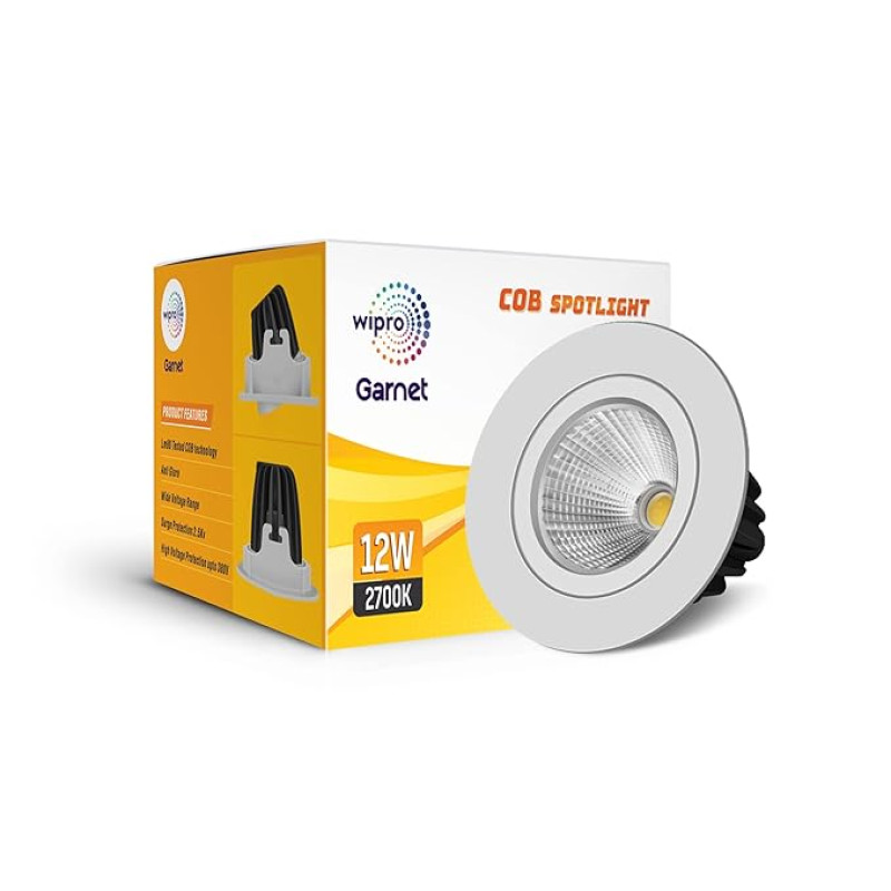 Wipro Garnet 12W LED COB Spotlight | Warm White Light (2700K) | Adjustable Design | Aluminium Housing for Efficient Performance | Recessed Tiltable Down Light for False Ceiling | Pack of 1