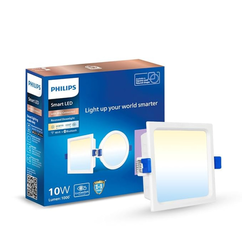 PHILIPS 10W Square Wi-Fi Smart LED Ceiling Light for Home with Music Sync Function | Amazon Alexa & Google Assistant Compatible | Cut Out: 4.17 inch | Tunable White, Pack of 1 (Wiz Prime Neo)