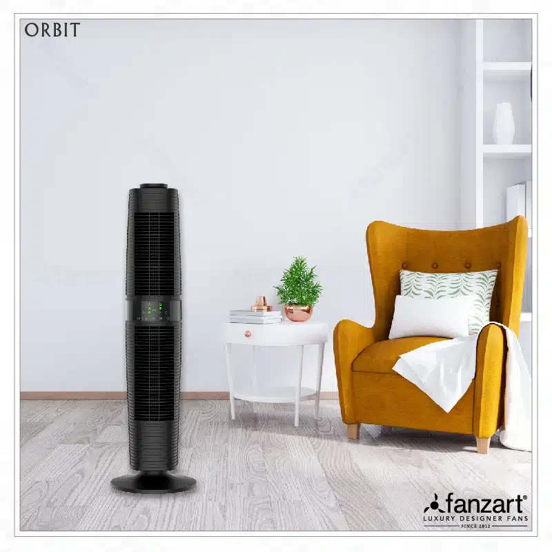 Fanzart Orbit – Bladeless Tower fan with Built-in Dust Filter, 360° Manual Rotation and 90° Oscillation, Smart Touch LED Control Panel, Multi-directional Air flow with Remote Control