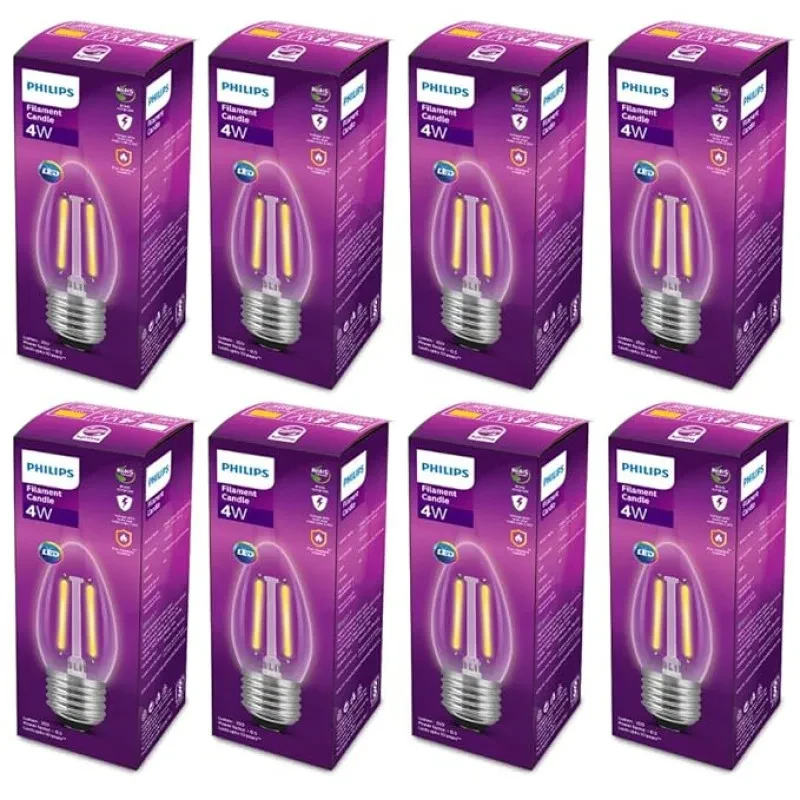 PHILIPS 4-watt Filament Candle LED Bulb | Clear Candle Bulb for Home & Decoration | Bulb Base: E27, Warm White | Pack of 8