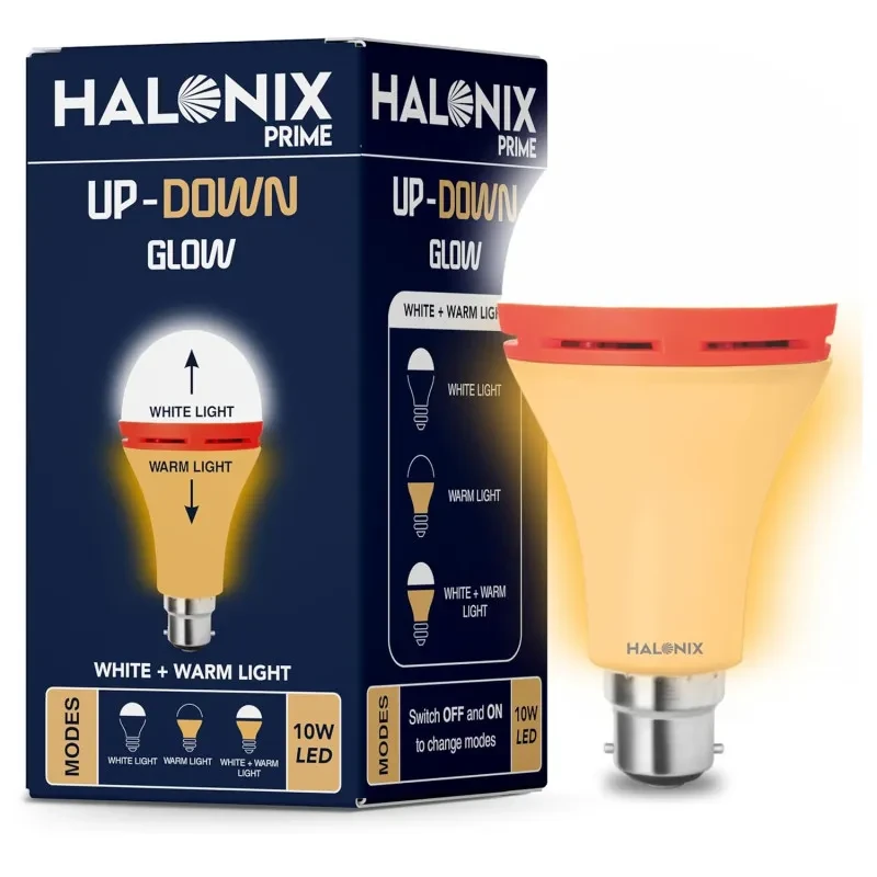 Halonix 10W Up Down Glow White & Yellow 3 Modes led Bulb | Switch On-Switch Off to Change led Bulb Color | B22d