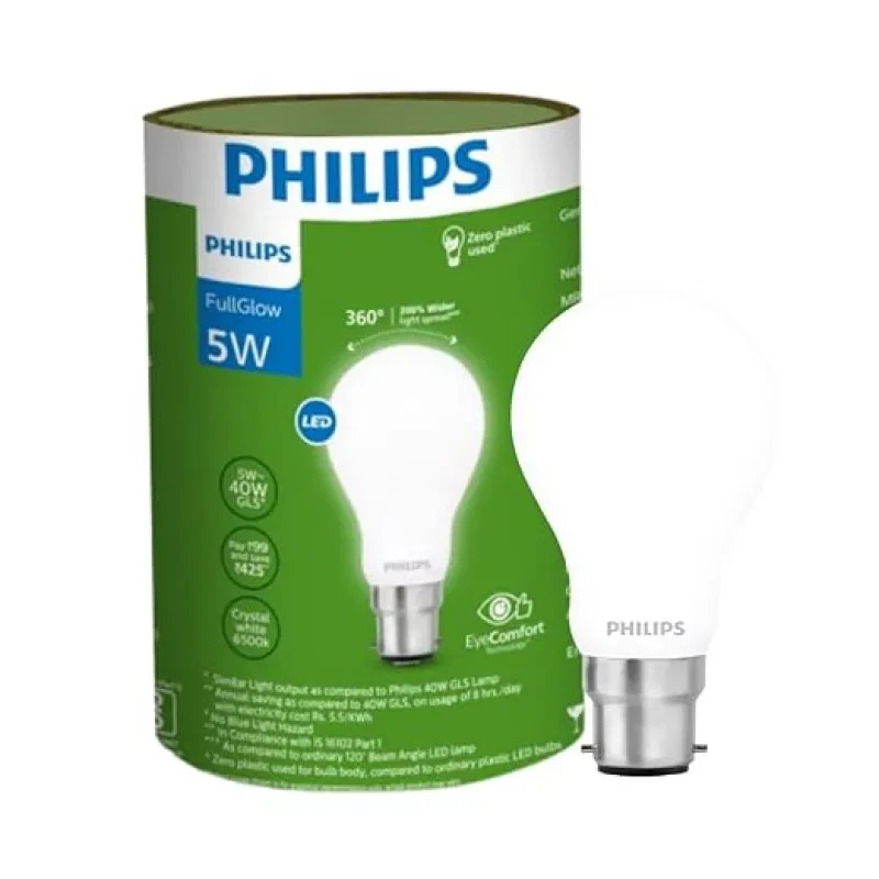 PHILIPS 5-watt Diffused LED Glass Light Bulb | Bulb Base: B22, 450 Lumen Full Glow Frosted Diffused LED Bulb for Home Decoration | Crystal White, Pack of 1