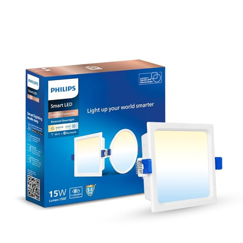PHILIPS 15W Square Wi-Fi Smart LED Ceiling Light for Home with Music Sync Function | Amazon Alexa & Google Assistant Compatible | Cut Out: 6 inch | Tunable White, Pack of 1 (Wiz Prime Neo)