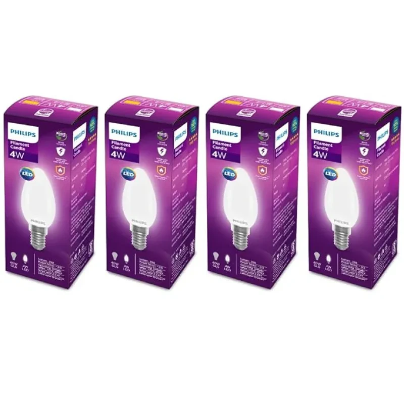 PHILIPS 4-watt Filament Candle LED Bulb | Diffused Candle Bulb For Home & Decoration | Bulb Base: E14, Warm White | Pack of 4